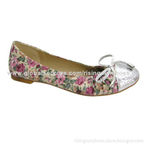 Dance Shoes with Metal Cap, Elastic Round Opening, Flower-printed Fabric Upper